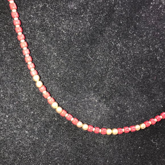 16" Long Red and Gold Beaded Necklace - Picture 2 of 4